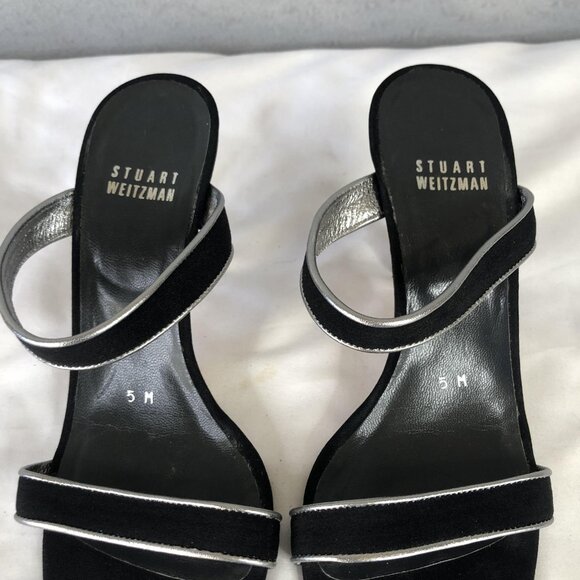 Stuart Weitzman Shoes Womens Size 5 Black Silver Sandal Heels Kitten Slide Mules - Picture 10 of 16